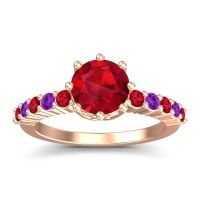 Ruby Ring In 18K Rose Gold With Amethyst Musa Round Classic Ring
