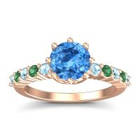 Swiss Blue Topaz Ring In 18K Rose Gold With Aquamarine And Emerald Musa Round Classic Ring