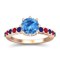 Swiss Blue Topaz Ring In 18K Rose Gold With Blue Sapphire And Ruby Musa Round Classic Ring