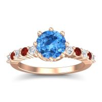 Swiss Blue Topaz Ring In 18K Rose Gold With Diamond And Garnet Musa Round Classic Ring