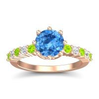 Swiss Blue Topaz Engagement Ring In 18K Rose Gold With Peridot And Diamond - Musa Round Classic Ring