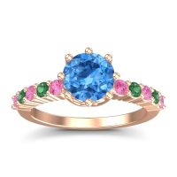 Swiss Blue Topaz Ring In 18K Rose Gold With Pink Tourmaline And Emerald Musa Round Classic Ring