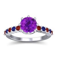 Amethyst Ring In Platinum With Garnet And Blue Sapphire Musa Round Classic Ring