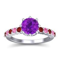 Amethyst Ring In Palladium With Garnet And Pink Tourmaline Musa Round Classic Ring