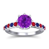 Amethyst Ring In Platinum With Ruby And Blue Sapphire Musa Round Classic Ring