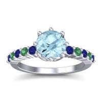 Aquamarine Ring In Platinum With Blue Sapphire And Emerald Musa Round Classic Ring