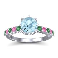 Aquamarine Ring In Platinum With Emerald And Pink Tourmaline Musa Round Classic Ring