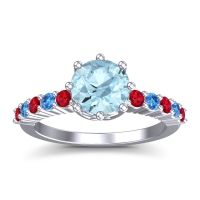Aquamarine Ring In Platinum With Ruby And Swiss Blue Topaz Musa Round Classic Ring