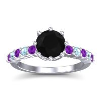 Black Onyx Ring In Platinum With Amethyst And Aquamarine Musa Round Classic Ring