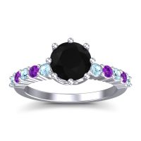 Black Onyx Ring In Platinum With Aquamarine And Amethyst Musa Round Classic Ring