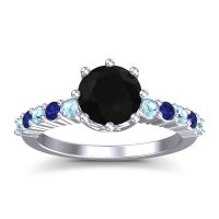 Black Onyx Ring In Platinum With Aquamarine And Blue Sapphire Musa Round Classic Ring