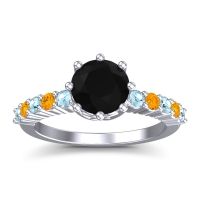 Black Onyx Ring In Palladium With Aquamarine And Citrine Musa Round Classic Ring
