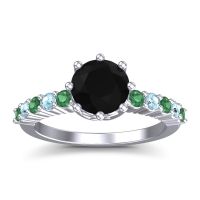 Black Onyx Ring In Palladium With Emerald And Aquamarine Musa Round Classic Ring