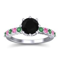 Black Onyx Ring In Platinum With Emerald And Pink Tourmaline Musa Round Classic Ring