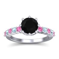 Black Onyx Ring In Platinum With Pink Tourmaline And Aquamarine Musa Round Classic Ring