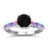Black Onyx Ring In Palladium With Pink Tourmaline And Swiss Blue Topaz Musa Round Classic Ring