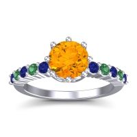 Citrine Ring In Platinum With Blue Sapphire And Emerald Musa Round Classic Ring
