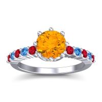 Citrine Ring In Platinum With Ruby And Swiss Blue Topaz Musa Round Classic Ring