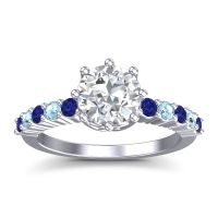 Lab Diamond Ring In Palladium With Blue Sapphire And Aquamarine Musa Round Classic Ring