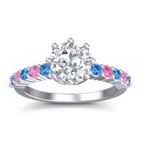 Lab Diamond Ring In Platinum With Swiss Blue Topaz And Pink Tourmaline Musa Round Classic Ring