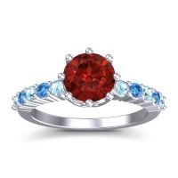 Garnet Ring In Platinum With Aquamarine And Swiss Blue Topaz Musa Round Classic Ring