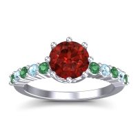 Garnet Ring In Palladium With Emerald And Aquamarine Musa Round Classic Ring