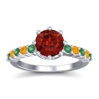 Garnet Ring In Palladium With Emerald And Citrine Musa Round Classic Ring