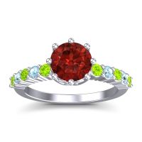 Garnet Ring In Palladium With Peridot And Aquamarine Musa Round Classic Ring