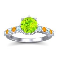 Peridot Ring In Palladium With Aquamarine And Citrine Musa Round Classic Ring