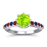 Peridot Ring In Palladium With Garnet And Blue Sapphire Musa Round Classic Ring