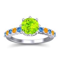 Peridot Ring In Platinum With Swiss Blue Topaz And Citrine Musa Round Classic Ring