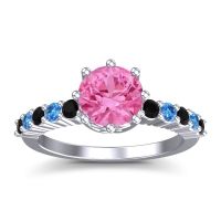 Pink Tourmaline Ring In 14k White Gold With Black Onyx And Swiss Blue Topaz Musa Round Classic Ring