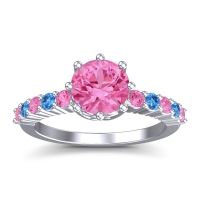 Pink Tourmaline Ring In 14k White Gold With Swiss Blue Topaz Musa Round Classic Ring