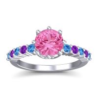 Pink Tourmaline Ring In 14k White Gold With Swiss Blue Topaz And Amethyst Musa Round Classic Ring