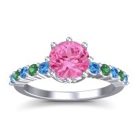 Pink Tourmaline Ring In Palladium With Swiss Blue Topaz And Emerald Musa Round Classic Ring