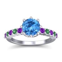 Swiss Blue Topaz Ring In 18k White Gold With Amethyst And Emerald Musa Round Classic Ring