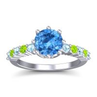 Swiss Blue Topaz Ring In Platinum With Aquamarine And Peridot Musa Round Classic Ring
