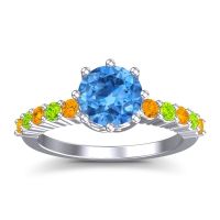 Swiss Blue Topaz Ring In Platinum With Citrine And Peridot Musa Round Classic Ring