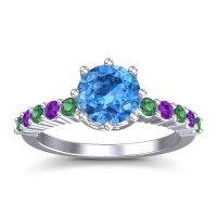Swiss Blue Topaz Ring In 18k White Gold With Emerald And Amethyst Musa Round Classic Ring