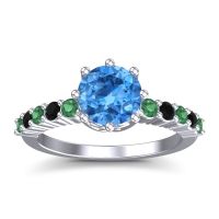 Swiss Blue Topaz Ring In 18k White Gold With Emerald And Black Onyx Musa Round Classic Ring