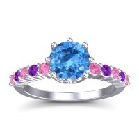 Swiss Blue Topaz Ring In Palladium With Pink Tourmaline And Amethyst Musa Round Classic Ring