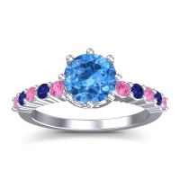 Swiss Blue Topaz Ring In Palladium With Pink Tourmaline And Blue Sapphire Musa Round Classic Ring