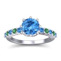 Swiss Blue Topaz Ring In Palladium With Emerald Musa Round Classic Ring
