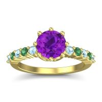 Amethyst Ring In 18k Yellow Gold With Aquamarine And Emerald Musa Round Classic Ring