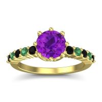 Amethyst Ring In 18k Yellow Gold With Black Onyx And Emerald Musa Round Classic Ring