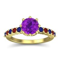 Amethyst Ring In 18k Yellow Gold With Blue Sapphire And Garnet Musa Round Classic Ring
