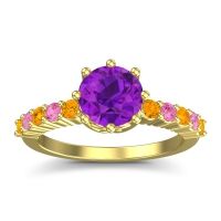 Amethyst Ring In 18k Yellow Gold With Citrine And Pink Tourmaline Musa Round Classic Ring