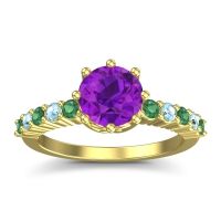 Amethyst Ring In 18k Yellow Gold With Emerald And Aquamarine Musa Round Classic Ring
