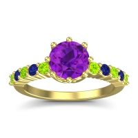 Amethyst Ring In 18k Yellow Gold With Peridot And Blue Sapphire Musa Round Classic Ring