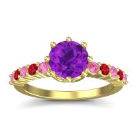 Amethyst Ring In 18k Yellow Gold With Pink Tourmaline And Ruby Musa Round Classic Ring